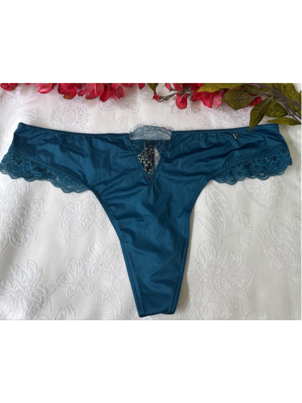 VICTORIA'S SECRET L TEAL GOLD SILKY LACE WIDE STRING THONG CHARM PANTIES NWT